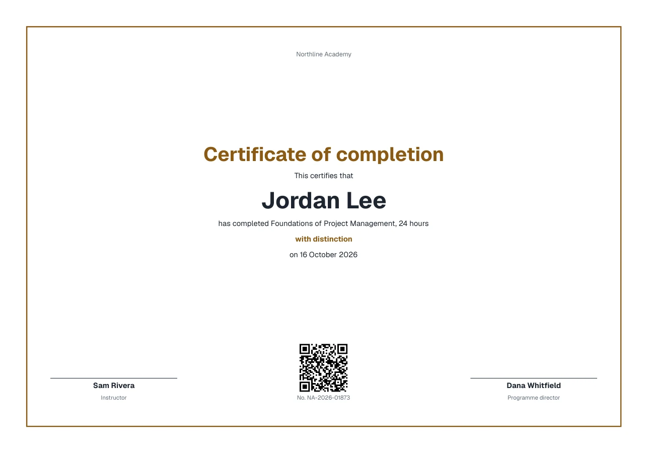 A certificate of completion rendered by Typefold