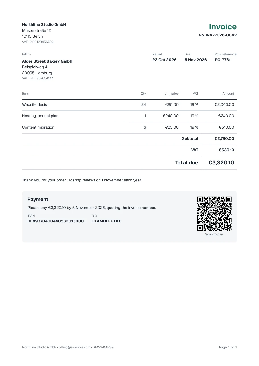 An invoice with a payment QR code rendered by Typefold