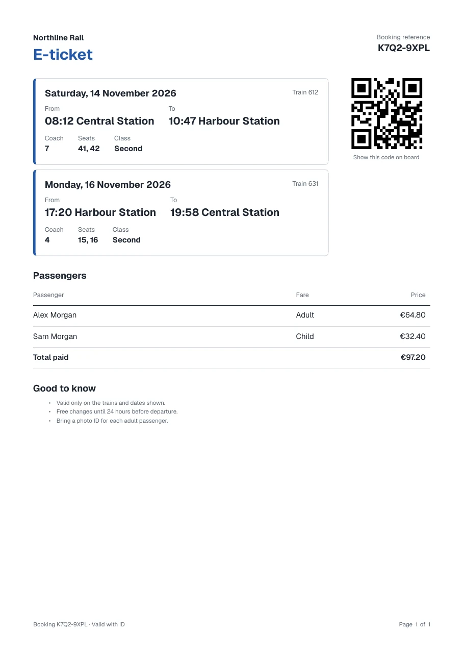 A train e-ticket rendered by Typefold