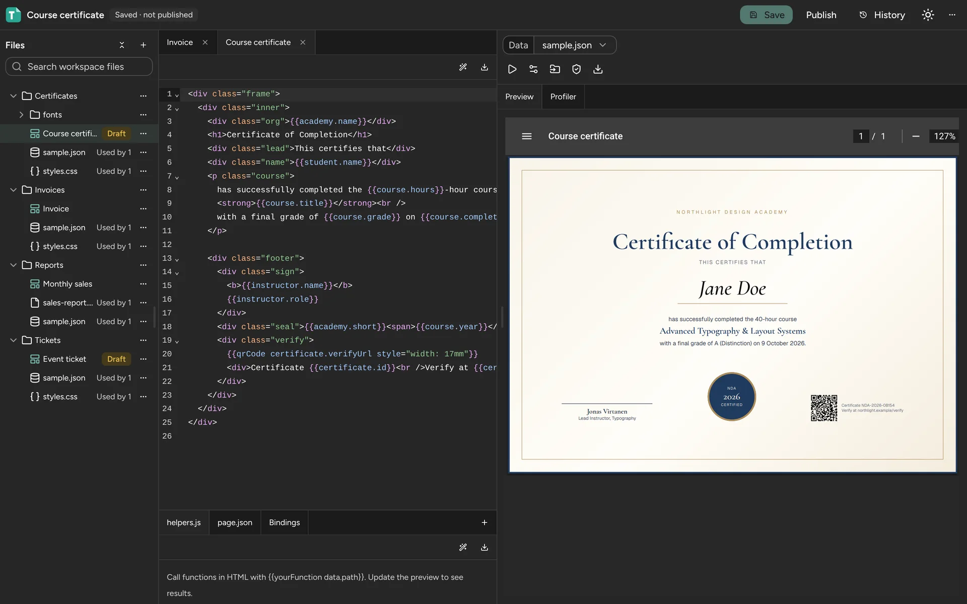 Studio editing a course certificate template, with the rendered certificate on the right