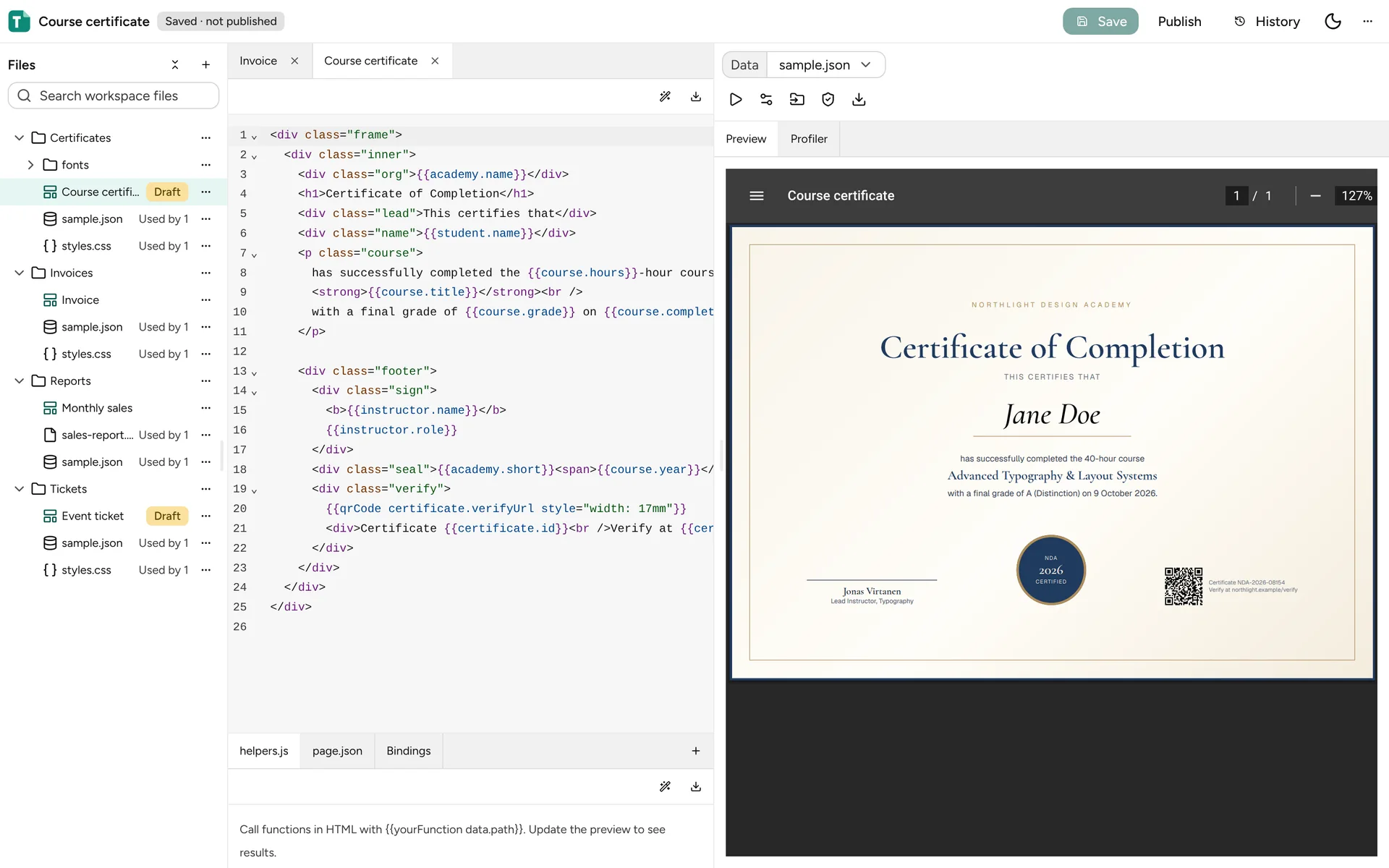 Studio editing a course certificate template, with the rendered certificate on the right
