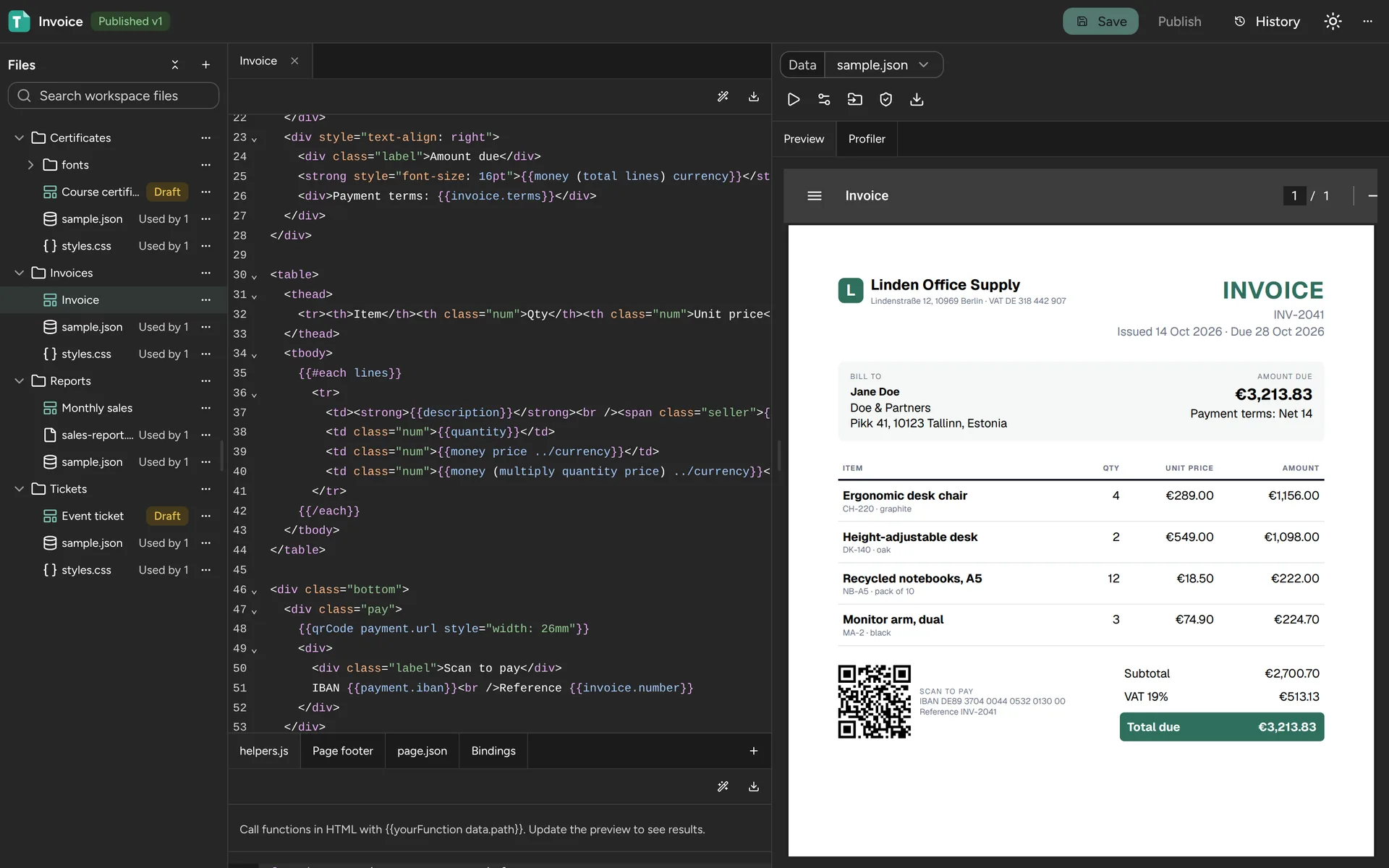 Studio editing an invoice template, with its HTML on the left and the rendered invoice on the right