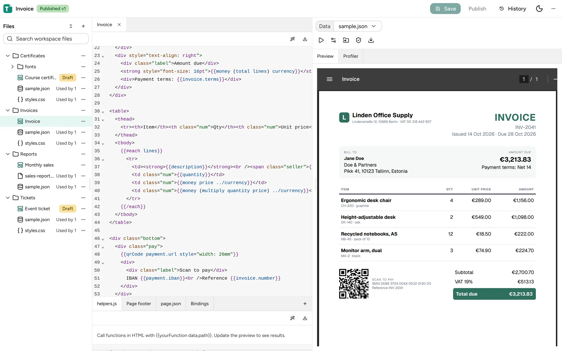 Studio editing an invoice template, with its HTML on the left and the rendered invoice on the right