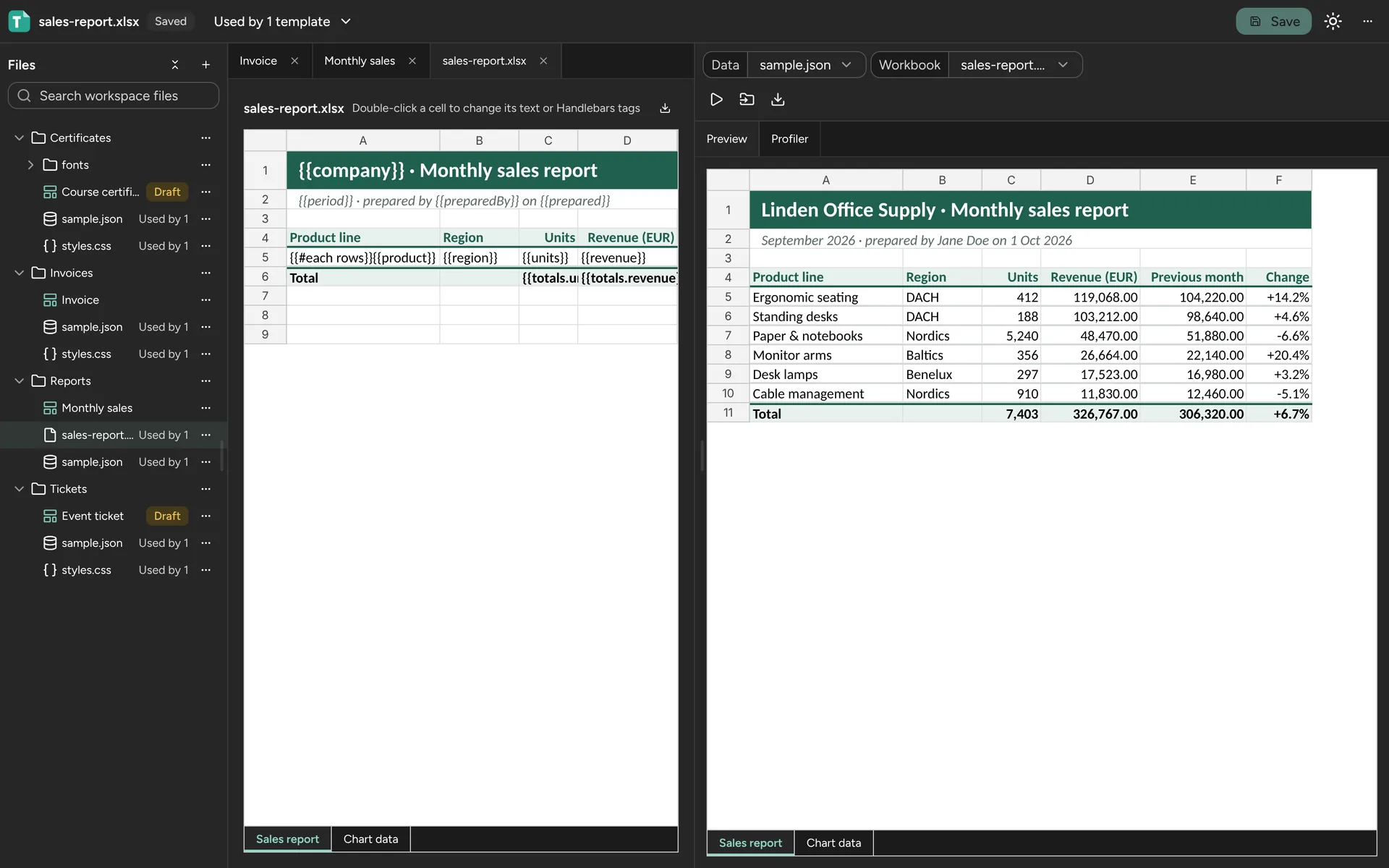 Studio editing an Excel sales report template, with the filled spreadsheet preview on the right