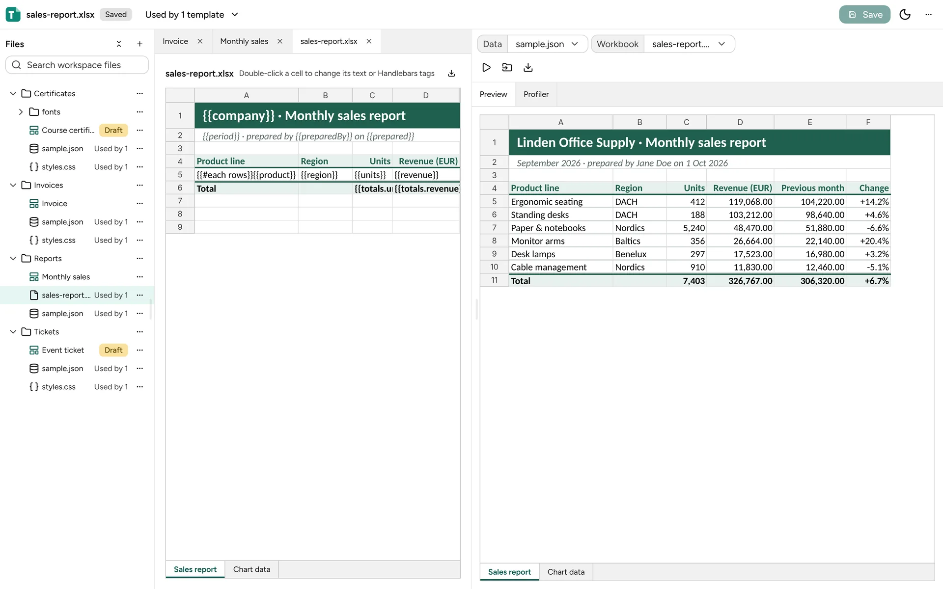 Studio editing an Excel sales report template, with the filled spreadsheet preview on the right