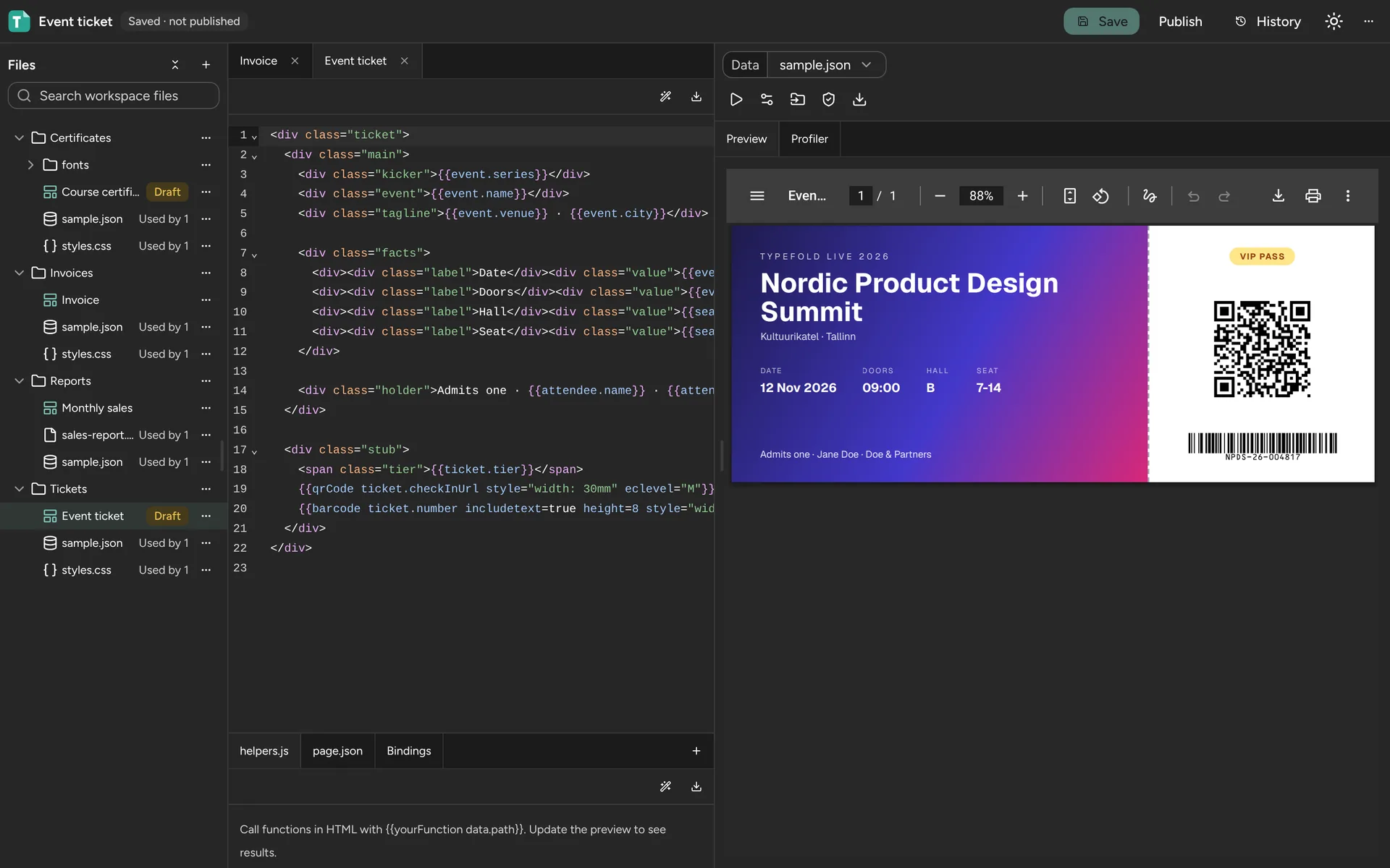 Studio editing an event ticket template, with the rendered ticket on the right